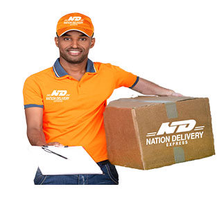 A delivery man in Nation Delivery shirt and cap carrying a box and the delivery register